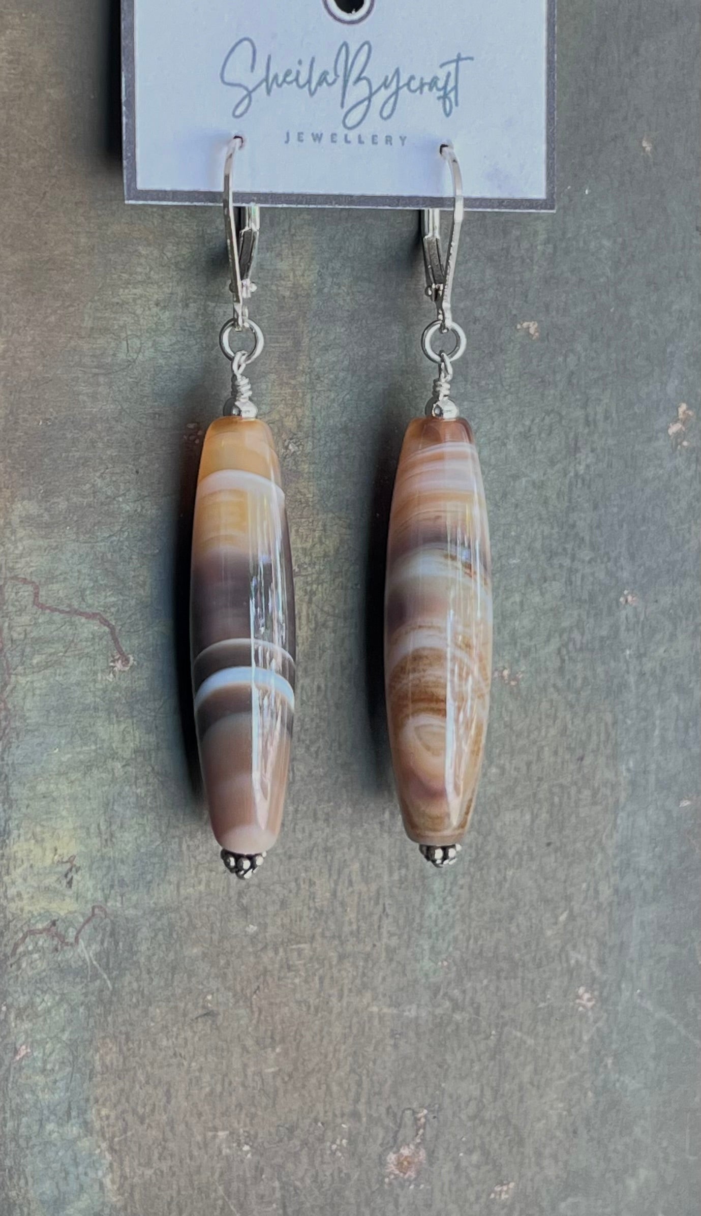 Sterling Silver and Long Agate Gemstone Earrings