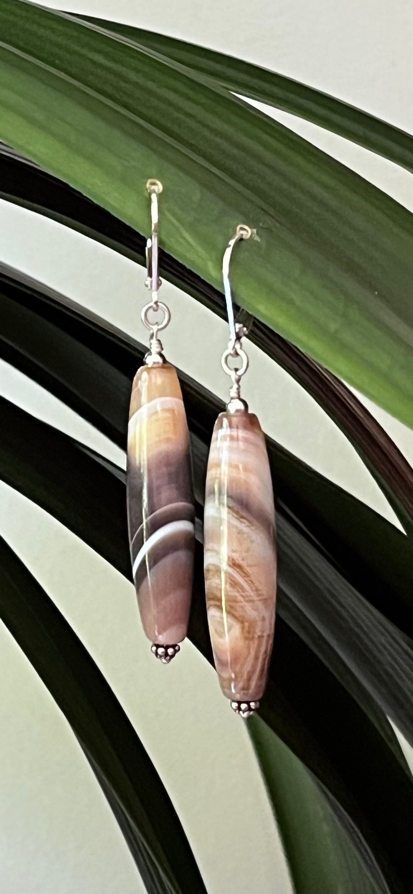 Sterling Silver and Long Agate Gemstone Earrings
