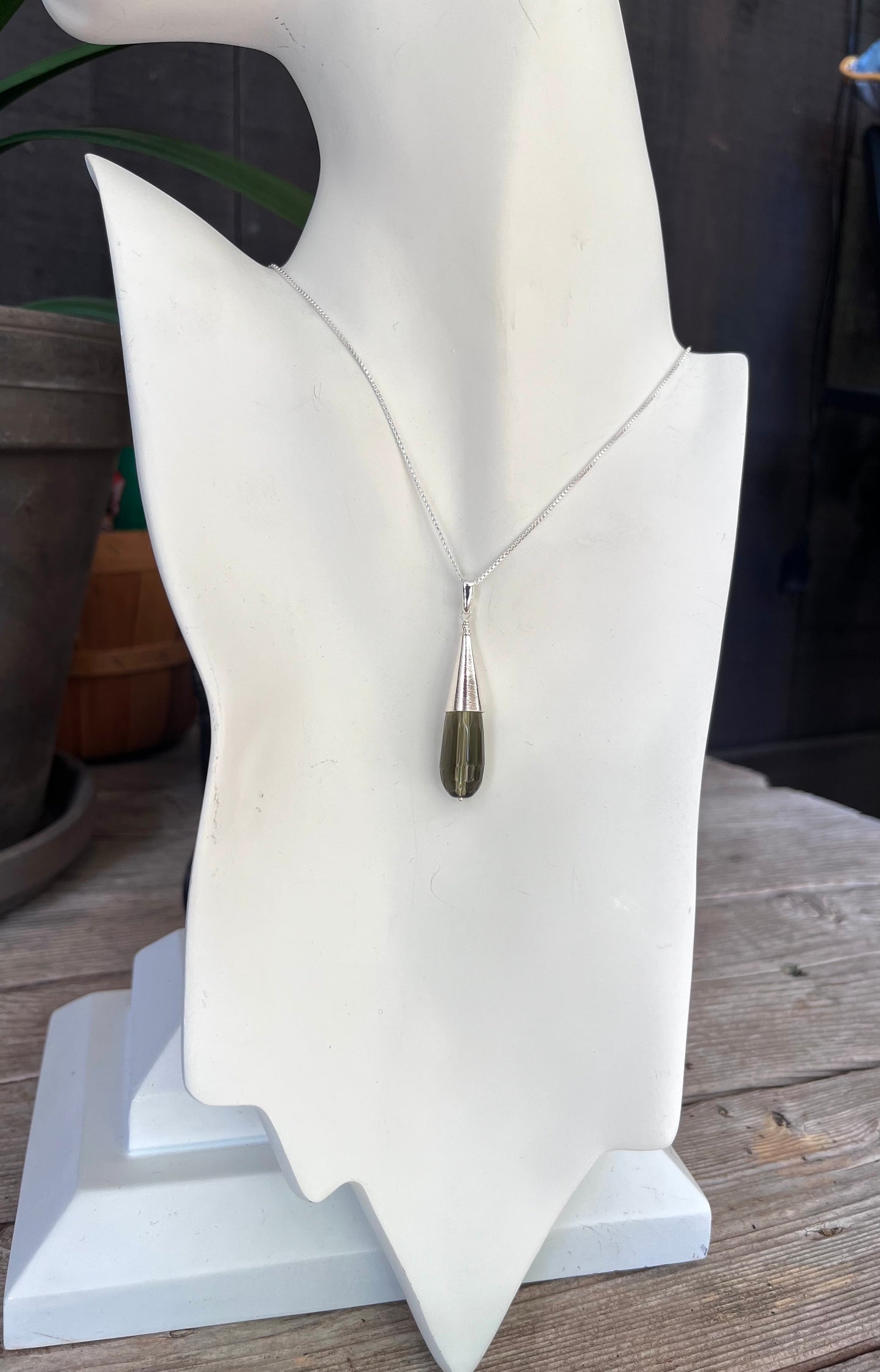 Sterling Silver and Smoky Quartz Cone Pendant on 18” Sterling Box Link Chain