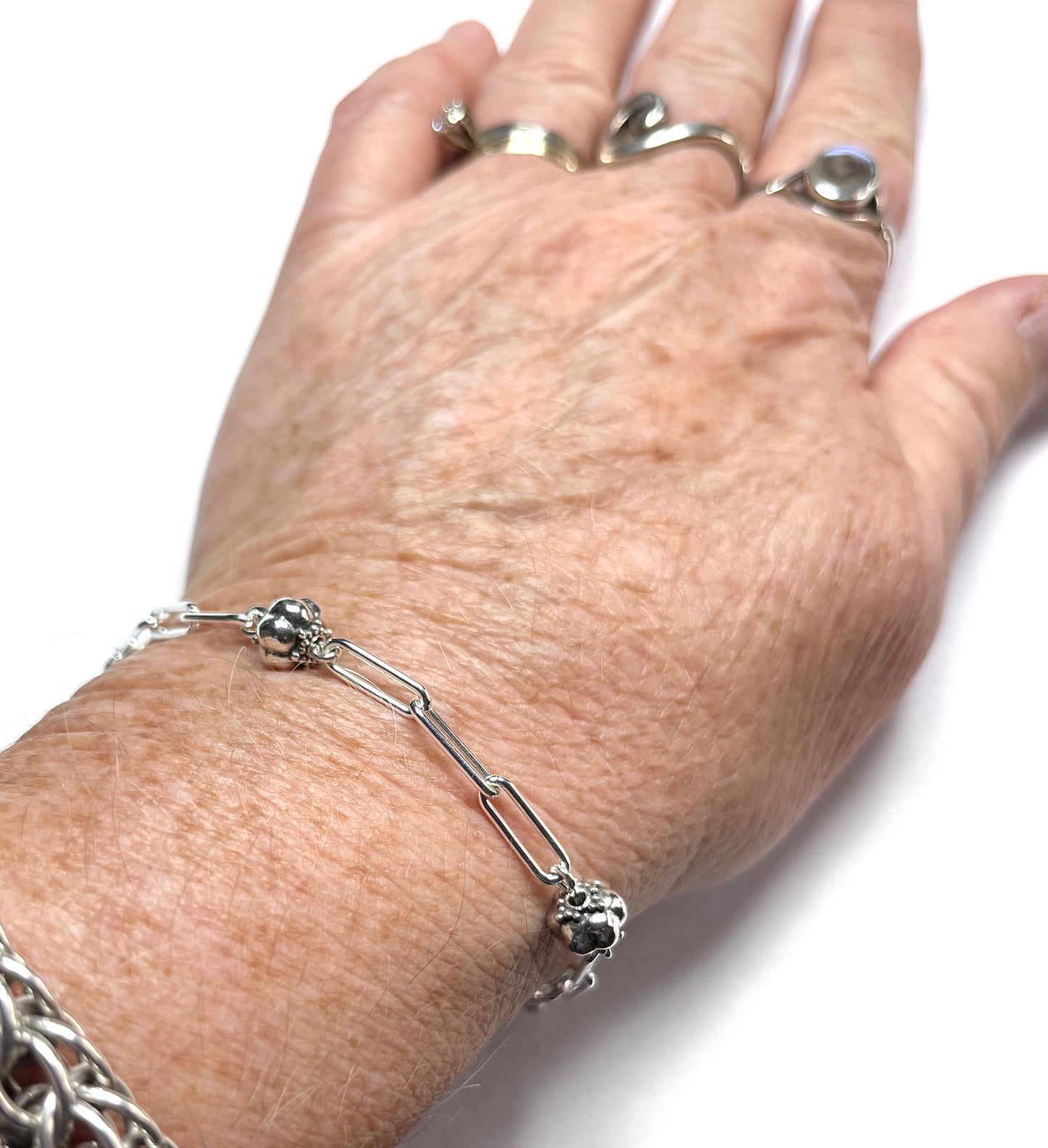 Paperclip and Bali Bead Sterling Bracelet