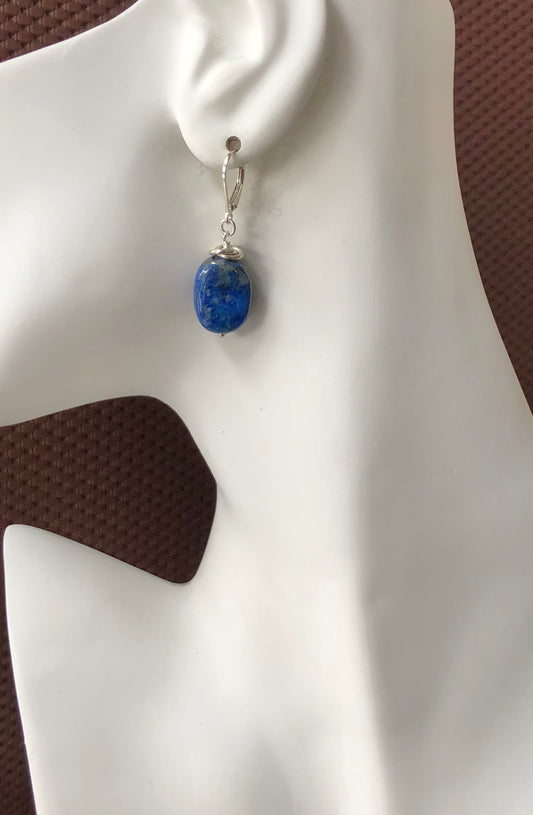 Oval Lapis Gemstone and Sterling Silver Earrings