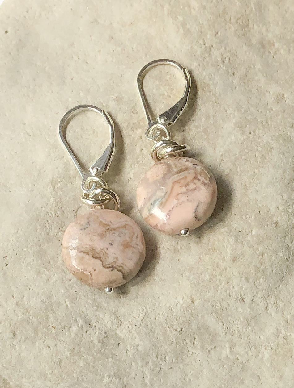 Coin Shaped Earrings - Rhodonite Gemstones