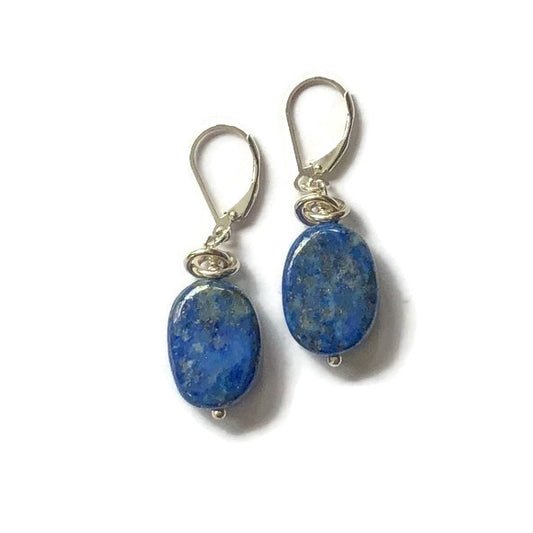 Oval Lapis Gemstone and Sterling Silver Earrings