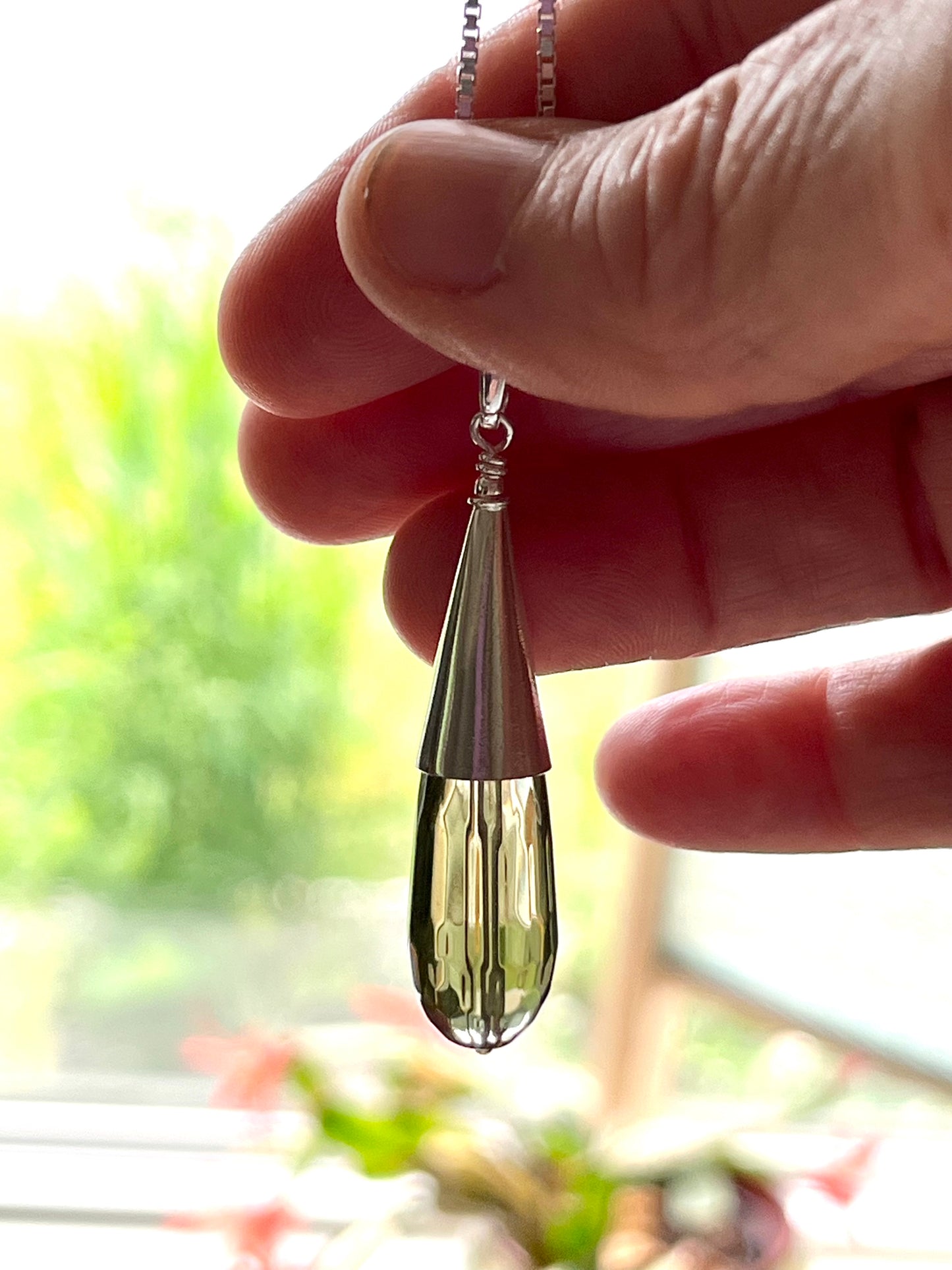 Sterling Silver and Smoky Quartz Cone Pendant on 18” Sterling Box Link Chain