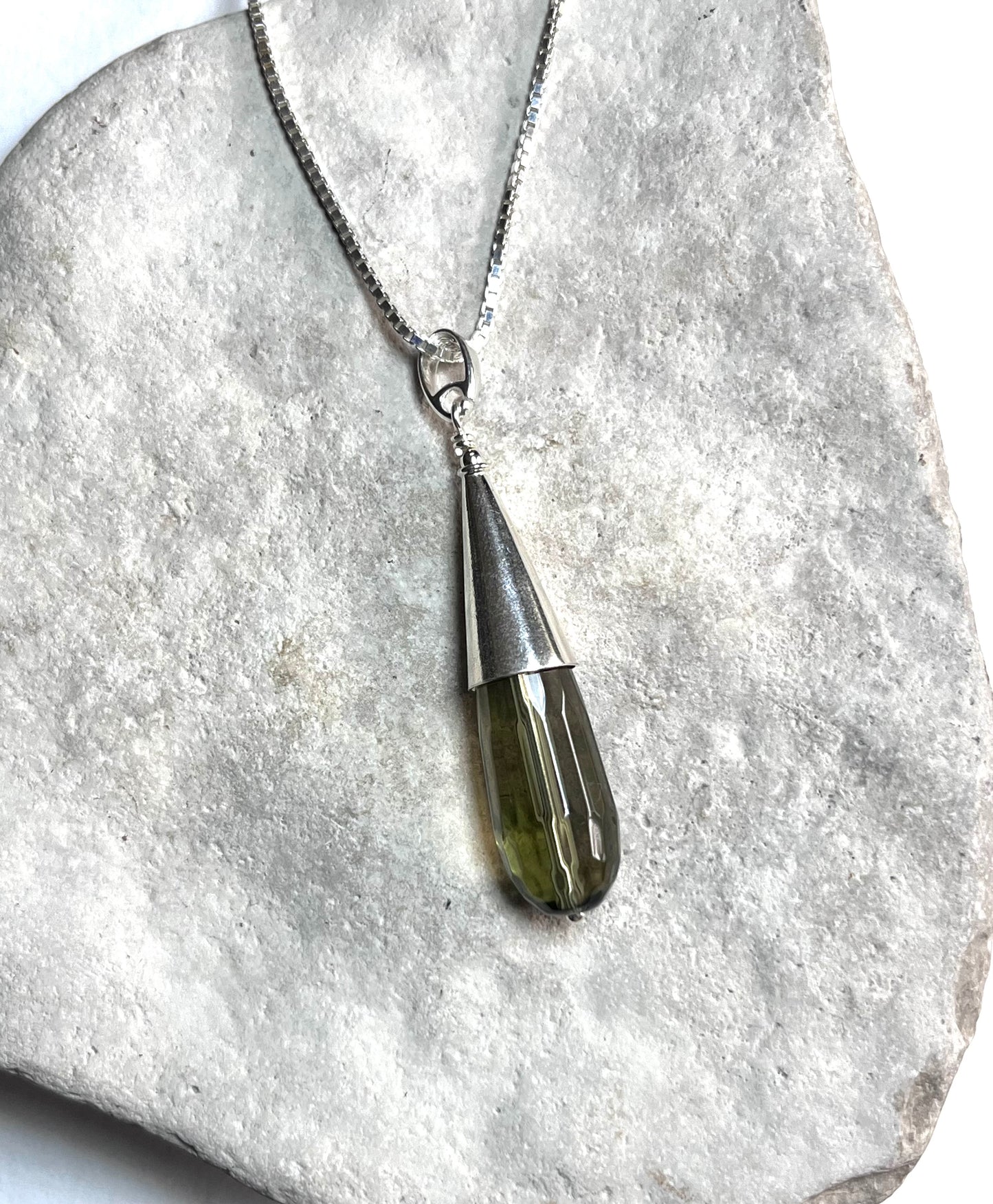 Sterling Silver and Smoky Quartz Cone Pendant on 18” Sterling Box Link Chain