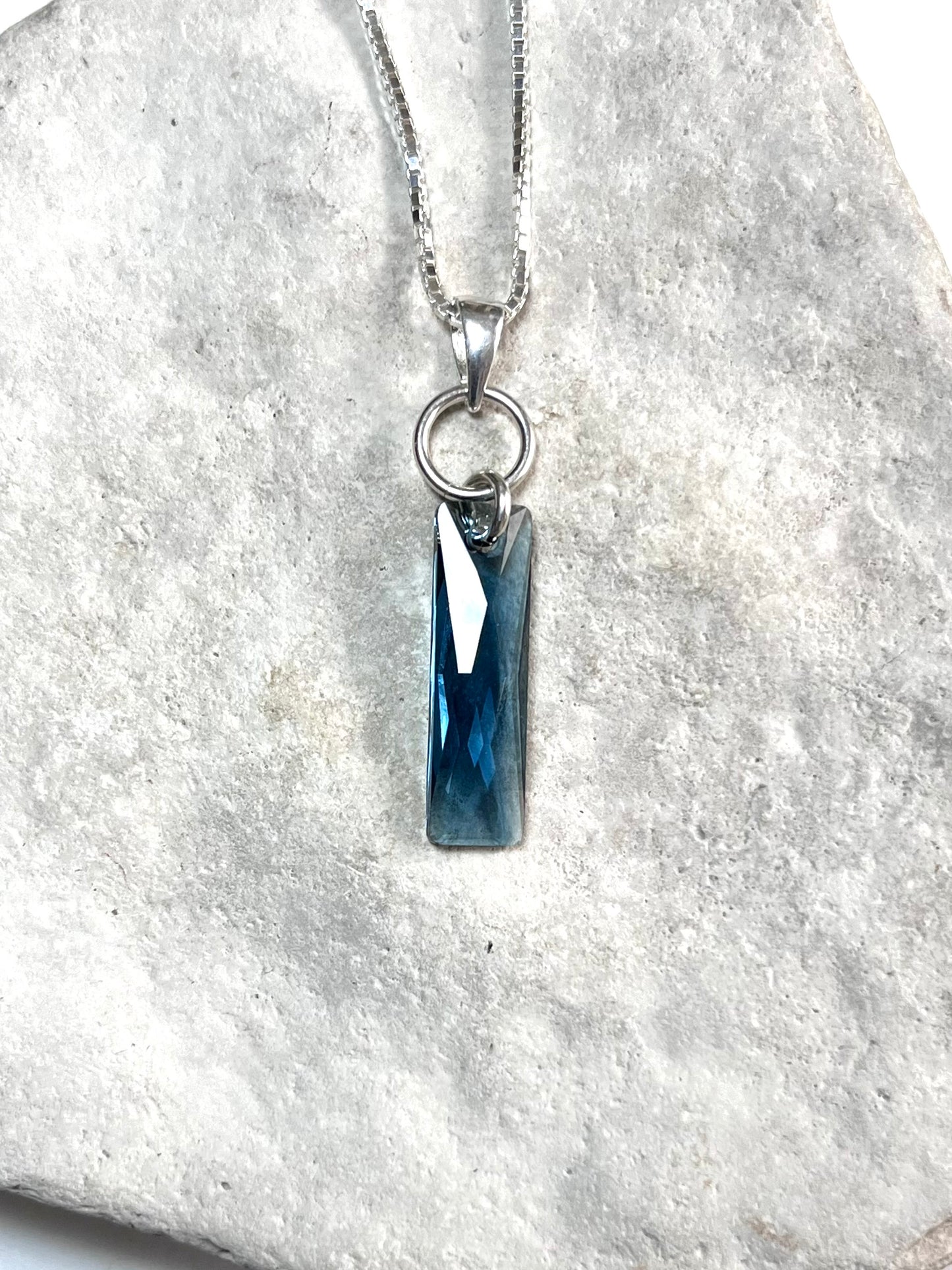 Sterling Silver and Rectangular Swarovski Denim Blue Pendant on 18” Sterling Box Link Chain