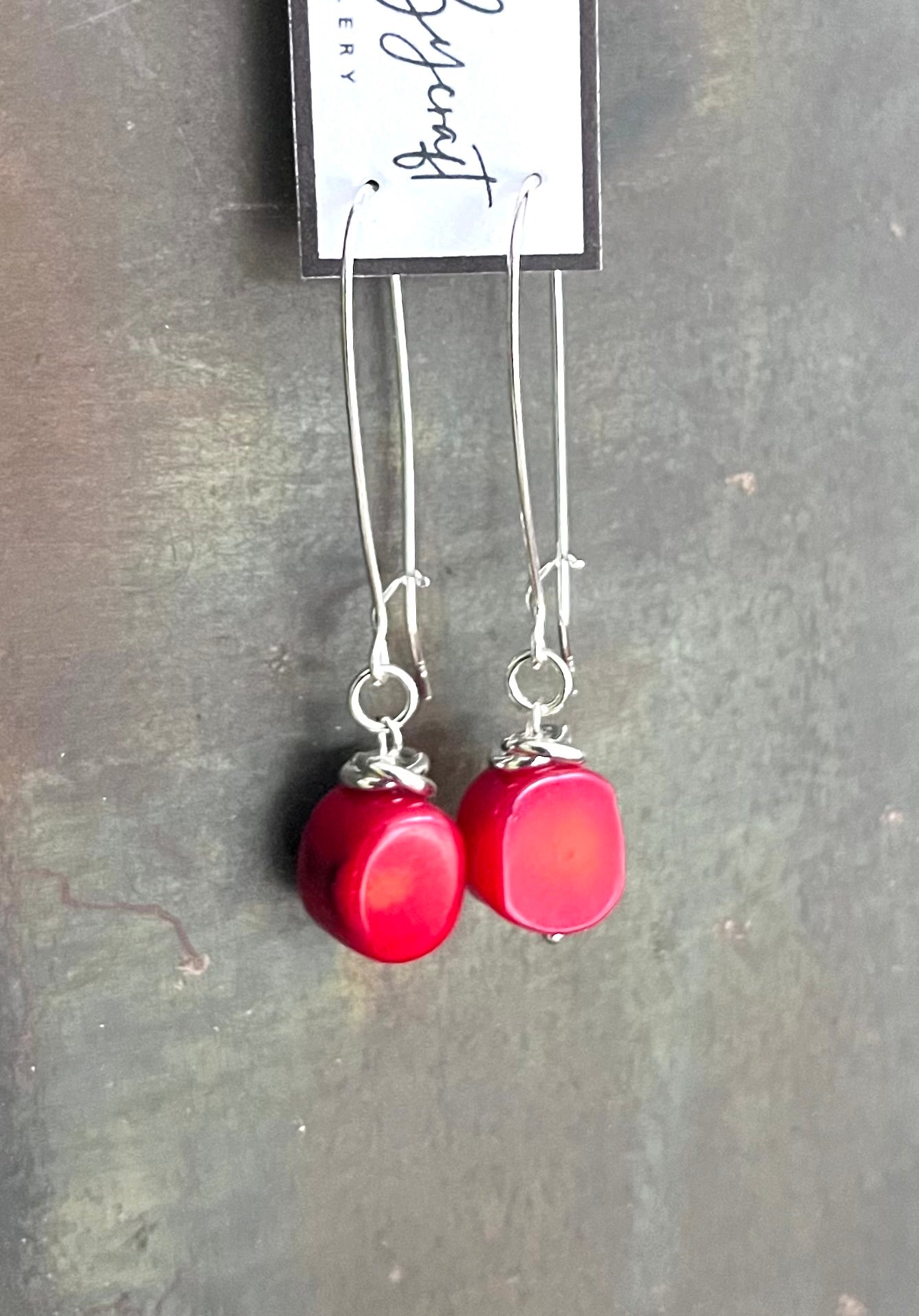 Red Coral and Sterling Silver Long Earrings