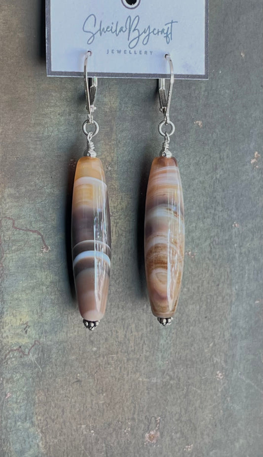 Sterling Silver and Long Agate Gemstone Earrings