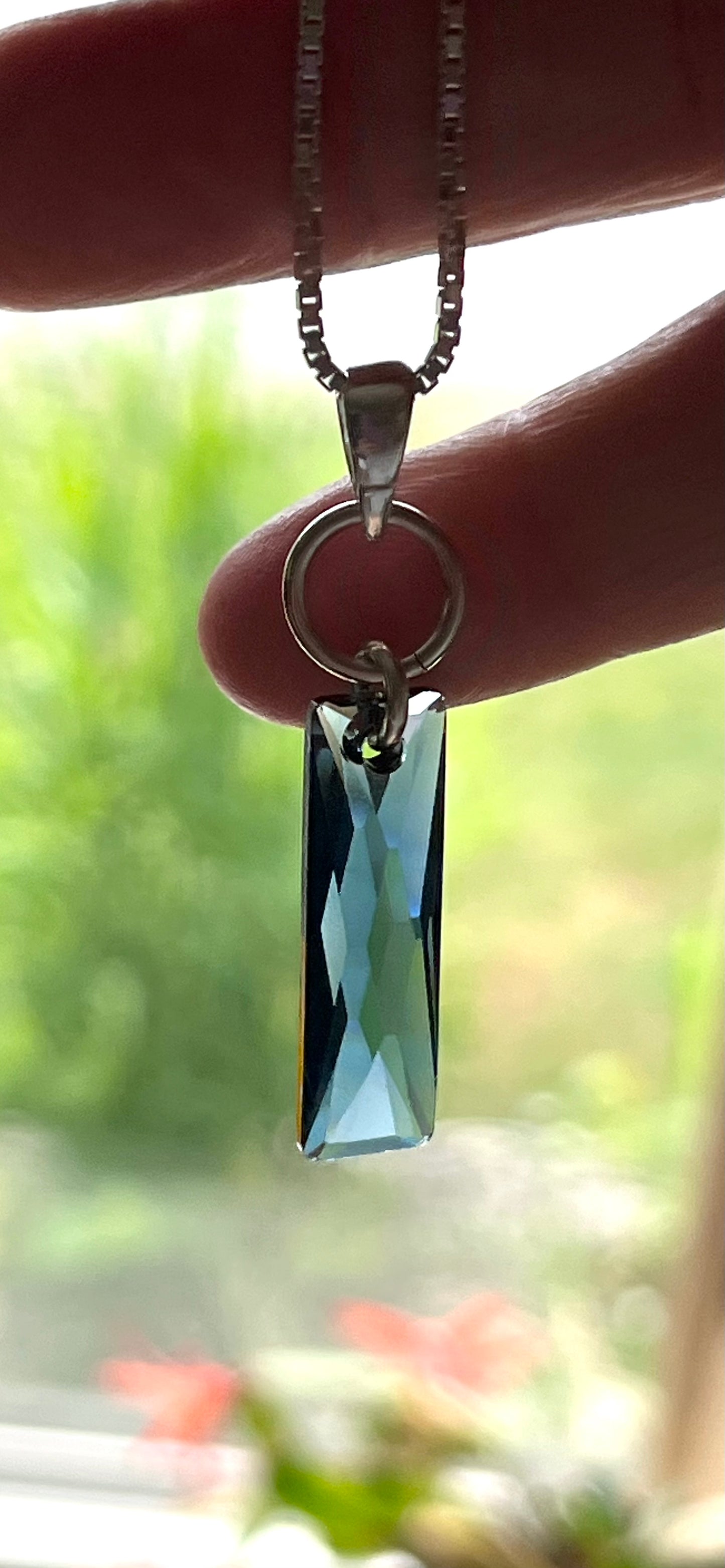 Sterling Silver and Rectangular Swarovski Denim Blue Pendant on 18” Sterling Box Link Chain