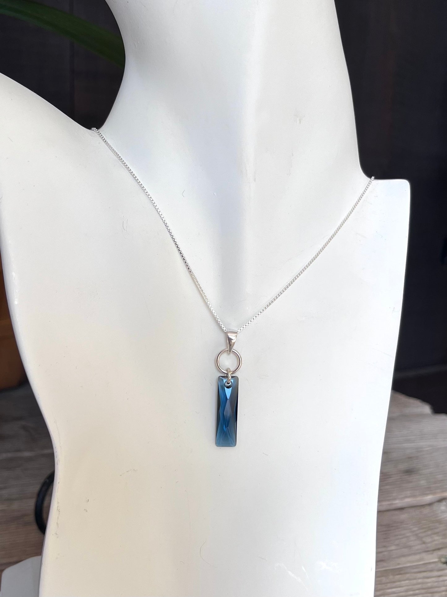 Sterling Silver and Rectangular Swarovski Denim Blue Pendant on 18” Sterling Box Link Chain