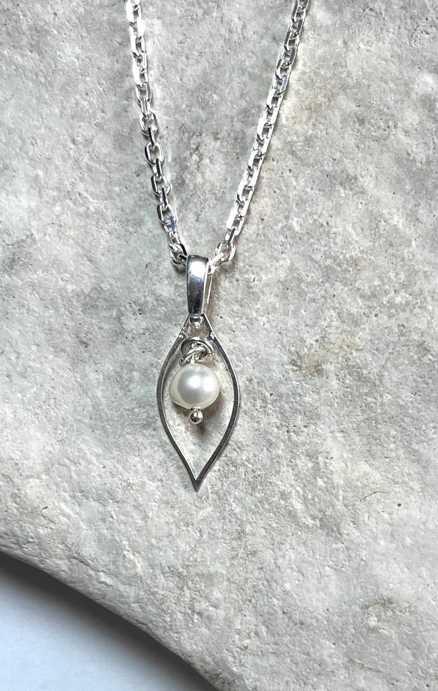 Freshwater Pearl and Sterling Pendant on 16” Square Cable Link Sterling Chain