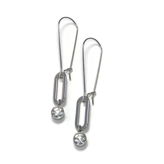 Stainless Steel Oval Crystal Drop Earrings- Long