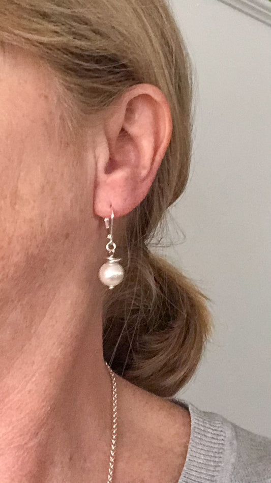 White Pearl Earrings, Sterling Silver